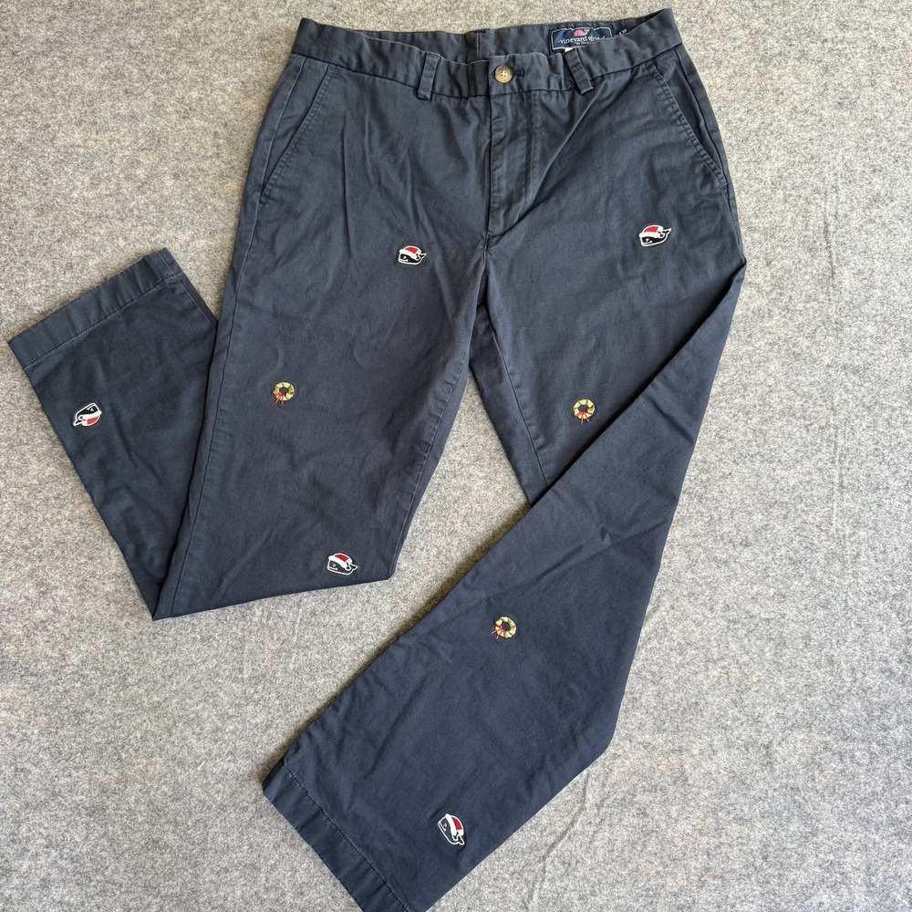 Vineyard Vines Pants Mens 32x30 Blue Embroidered Santa Whale Chino Holiday